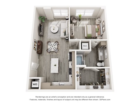 Floor plan for 1 bed, 1 bath, 844 sqft